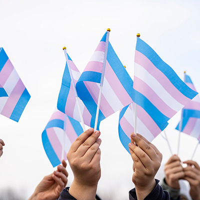 Hands holding up Transgender flags