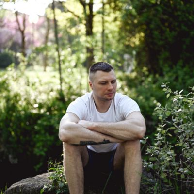 Sad man in woods