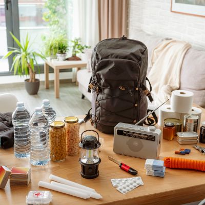 Supplies on a table for disaster preparation