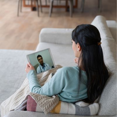 A woman having a virtual visit with her doctor