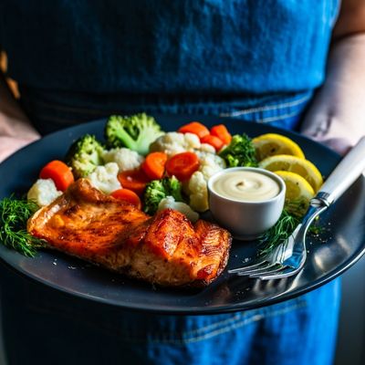 Plate of salmon and vegetables