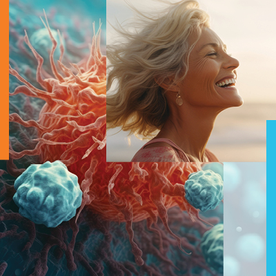 Collage of a person smiling and cells