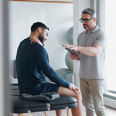 doctor and patient discussing shoulder pain