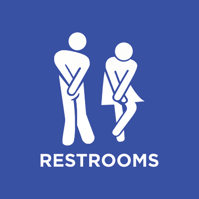 Bathroom sign with people looking as thought they really need to relieve themselves