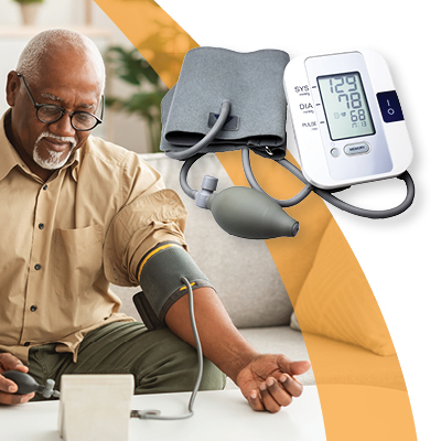Collage of a person checking their blood pressure and a blood pressure monitor