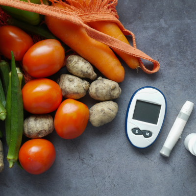 Fruits, vegetables, glucose monitor